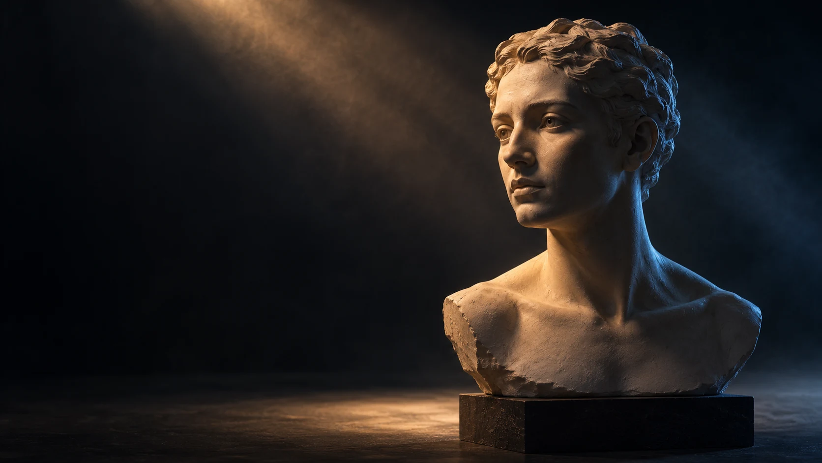 A plaster portrait illuminated by a warm side light and a cool blue rim light